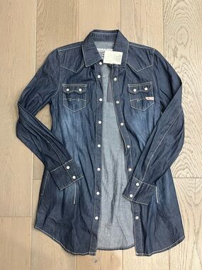 Dark Wash Denim Button-Down Western Shirt for Women